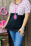 DLH9954 Pink hats block black printed short sleeve with front pocket women tops (GS9)