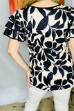 YMY15970 Black leaves printed short sleeve w/three tiers ruffle women tops