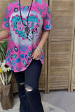 XCH12893  "BYE"heart&Jewel turquoise/pink multi color printed short sleeve women top for valentine holiday