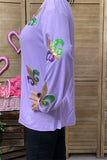 XCH15210 Green/purple/gold sequin floral printed long sleeve women blouse/tops