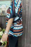 GJQ15393 Aztec teal&brown color printed loose short sleeve women tops