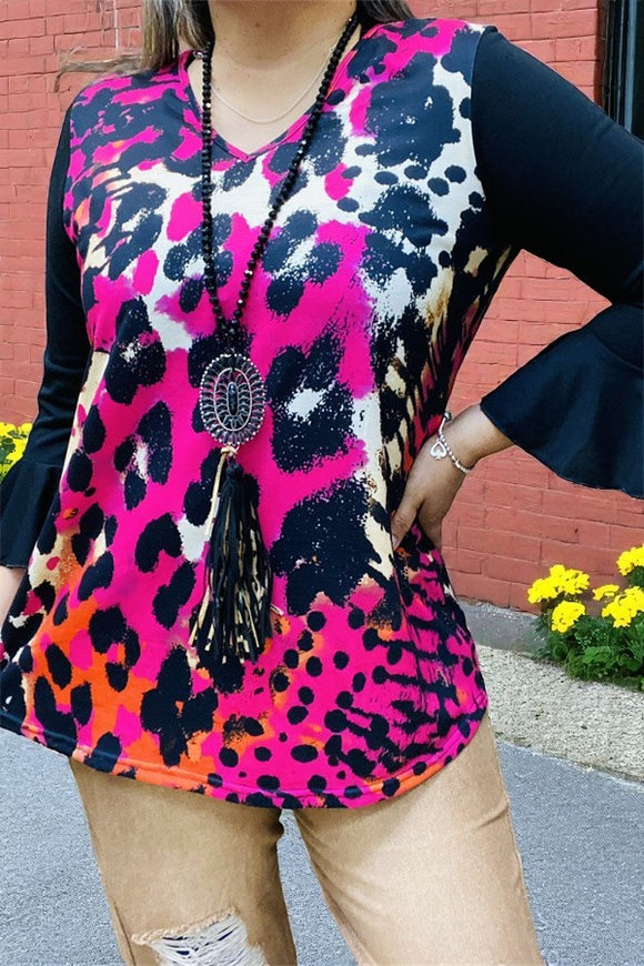 Women's top wholesale Fuchsia/black leopard printed & black 3/4 sleeve/ruffle YMY15525