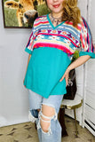 GJQ9673-2 Bull/Aztec&Turquoise block solid color printed short sleeve women top