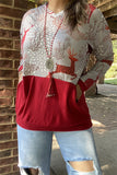 BQ10298 Reindeer & grey printed women top w/front pocket &red block color