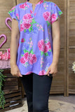 GJQ15842  Fuchsia multi color floral printed V-neckline short sleeve w/ruffle women purple tops
