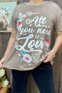 XCH14830 "ALL YOU NEED IS LOVE"words graphic printed tan fabric short sleeve women tops