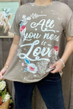 XCH14830 "ALL YOU NEED IS LOVE"words graphic printed tan fabric short sleeve women tops