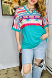 GJQ9673-2 Bull/Aztec&Turquoise block solid color printed short sleeve women top