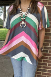 XCH15701 Multi color stripe printed short/bubble sleeve women tops