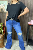 S011 Scratch hole on the knee blue straight w/bell bottom women jean/pants