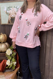 XCH15220 Santa Claus sequin patch in the baby pink bottom side split long sleeve women blouse