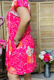 GJQ15841 Big floral multi color printed short sleeve w/ruffle women fuchsia dress w/side pockets