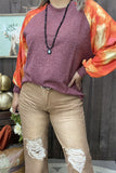 SP7924 W/orange tie dye bubble long sleeves burgundy body color knitted women top w/raglan design(FS12)