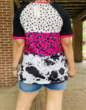 XCH14275 Star&Leopard block black fuchsia cow multi color printed short sleeves women tops (FS9)