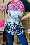 XCH14677 Leopard & riding horse & Cow multi color printed black block short sleeve women tops (DS3)