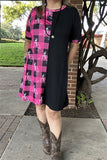 XCH14543 Half pink plaid & Cowboy horse rider black short sleeve women dress IS10