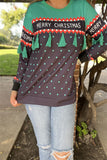 BQ15768 White"MERRY CHRISTMAS"words printed green dot green block solid color long sleeve women tops w/green tassels