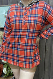 GJQ11671 Red plaid & leopard printed long sleeve tighten cuff w/button hoodie for women (ES6)