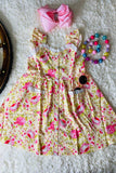 XCH0555-8H Light yellow & pink floral lace w/pockets button up dress (A2S2)