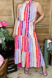 GJQ13495 Multi color striped printed sleeveless maxi dress w/side pockets&waist straps