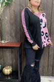 XCH14656 Half big leopard&block solid color black printed w/pink side sequin long sleeve women tops w/v-neckline