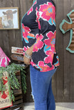 GJQ15749 Turquoise/Fuchsia/Orange floral printed 3/4 sleeve w/side split women black tops w/v-neckline