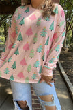 DLH15409 Christmas tree graphic multi color printed in the light pink background fabric long sleeve women tops