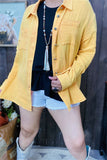 XCH15255 Yellow solid color w/front pockets w/buttons long sleeve women shirt