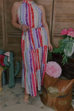 GJQ13495 Multi color striped printed sleeveless maxi dress w/side pockets&waist straps