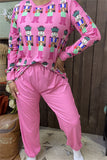 DLH15362 "Small people"printed long sleeve top &solid pink pants women pajamas sets