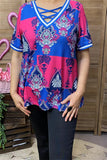 XCH15899 Paisley graphic multi color printed short sleeve V-neckline w/cross straps women tops