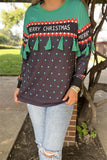 BQ15768 White"MERRY CHRISTMAS"words printed green dot green block solid color long sleeve women tops w/green tassels