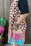 XCH13791 Paisley&Leopard multi color printed black short sleeves women dresses
