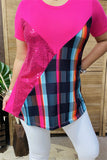 FW10361 Checked multi color printed solid fuchsia w/side red sequin women top( CS6)