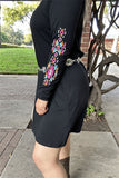 BQ15496 Long sleeve/ Multi color embroidery w/side pockets women black dresses