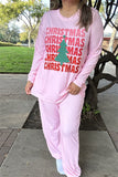 DLH15631 "CHRISTMAS"red words&tree printed long sleeve tops&pant women pink pajamas sets