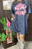 XCH14470 Hat pink graphic printed short sleeve w/side pockets women blue leopard dresses