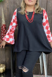 XCH15463 Red floral printed 3/4 bell sleeve black solid body color women tops