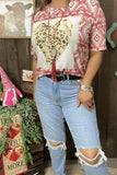 DLH12146  Leopard hearts&rust red Aztec printed short sleeve women tops