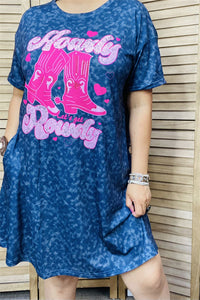 XCH14366 Fuchsia boot graphic blue leopard printed short sleeve w/side pockets women dress