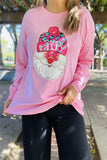 XCH15758 "Merry"word Christmas holiday graphic printed long sleeve women pink tops