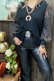 XCH15149-1 Sequin long sleeve w/tighten cuff black women tops