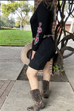 BQ15496 Long sleeve/ Multi color embroidery w/side pockets women black dresses