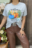 DLH9480 "Welcome to our patch"pumpkin&cactus printed graphic short sleeve women top