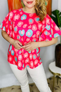 BQ15248 Coral&mint multi color circle graphic printed short bell sleeve women fuchsia tops