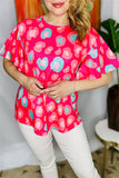 BQ15248 Coral&mint multi color circle graphic printed short bell sleeve women fuchsia tops