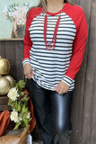 BQ15480 Black/white stripe printed solid red long sleeve women top w/raglan design