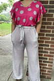 XCH15751 Gray dots/fuchsia printed top/bell sleeve&gray pant w/side pockets 2pcs women set