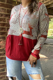 BQ10298 Reindeer & grey printed women top w/front pocket &red block color