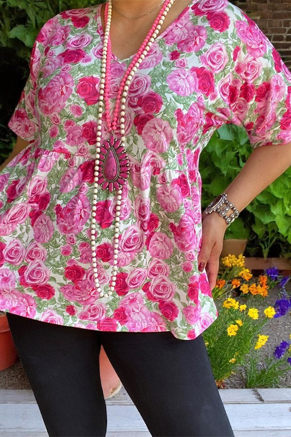 Spring women clothing vendors Rose floral fuchsia printed short sleeve & baby doll GJQ13897 CS2